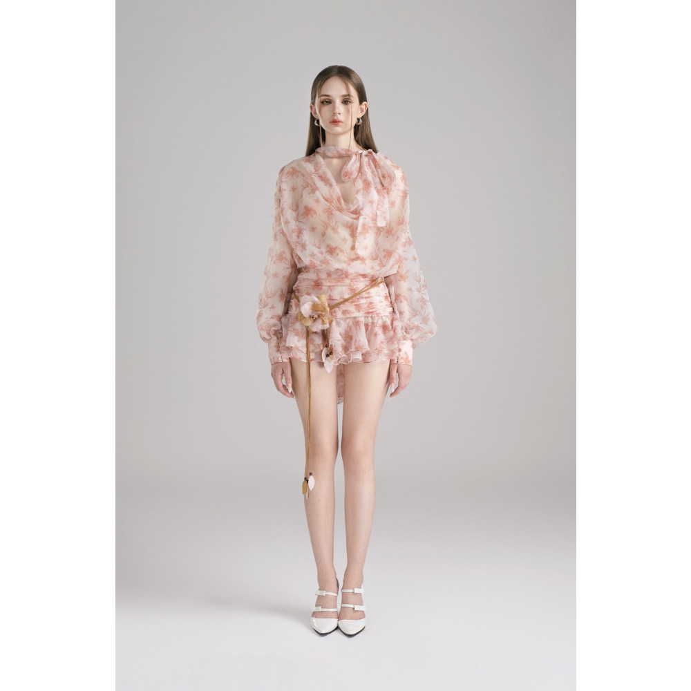 Mini Dress Bali Floral Chiffon with Puffball Puff Sleeve, Light Pink, size L - 1