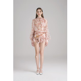 Mini Dress Bali Floral Chiffon with Puffball Puff Sleeve, Light Pink, size L - 1 miniature