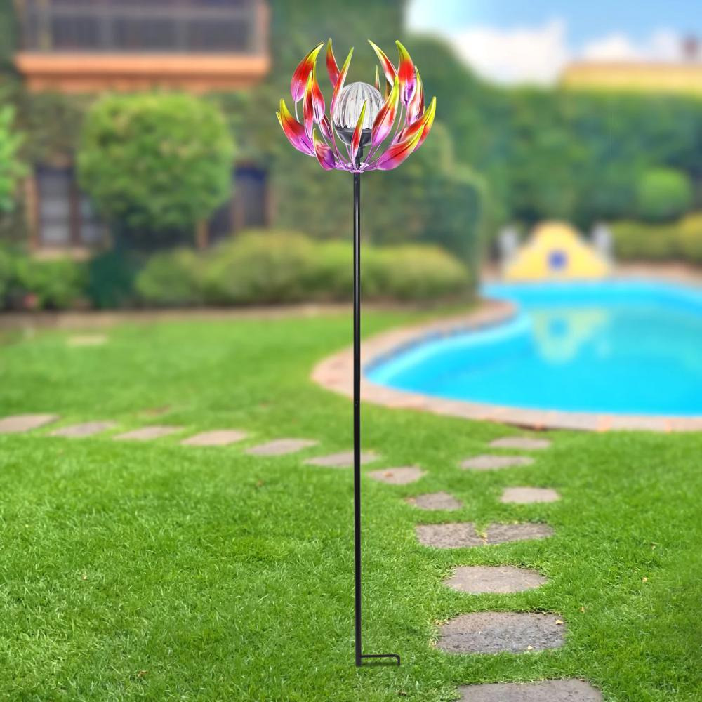 Exhart Solar Kinetic Spinning Petals with Crackle Ball Garden Stake Pink - 6