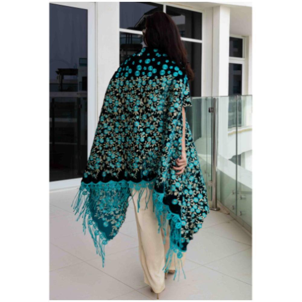 Asian Spirit, Turquoise Sakura Velvet Cape Jacket, Free size (XS-XL) - 6