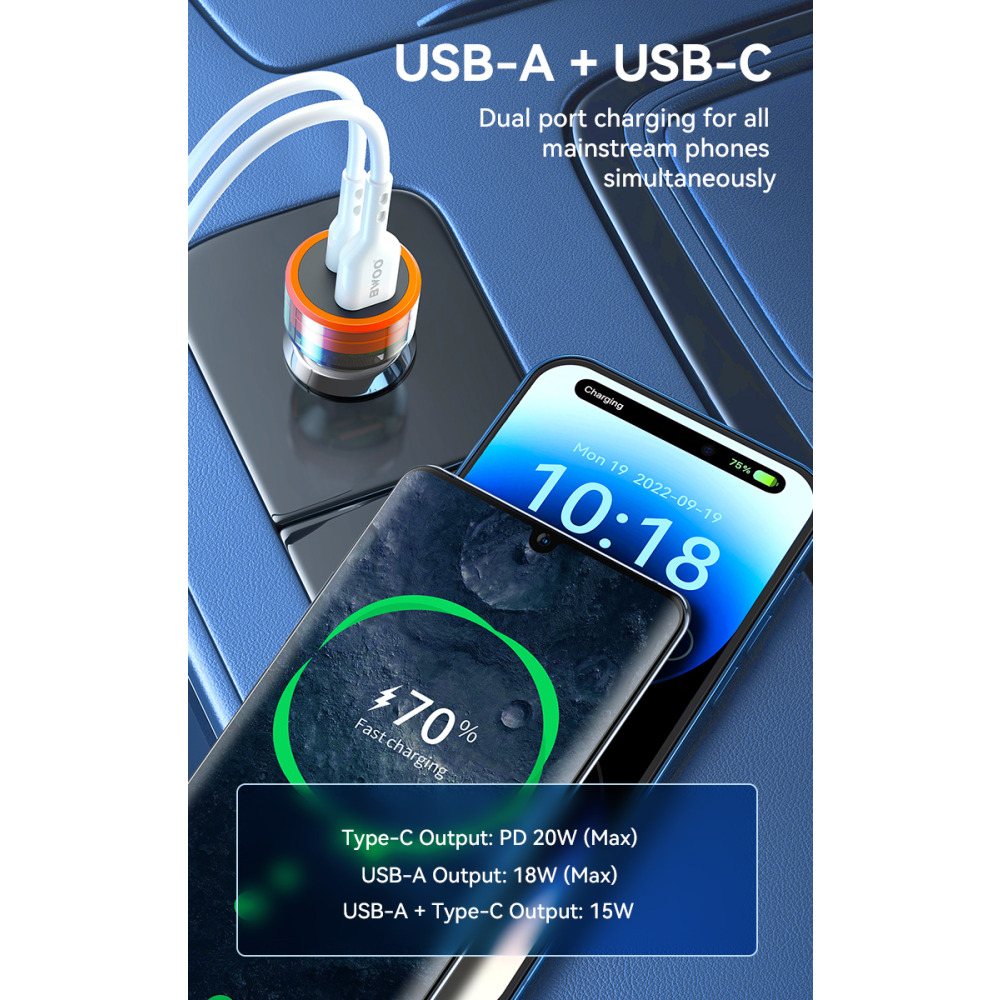 Bwoo 38W USB-A+USB-C 2 in 1 Transparent Car Fast Charger - 5