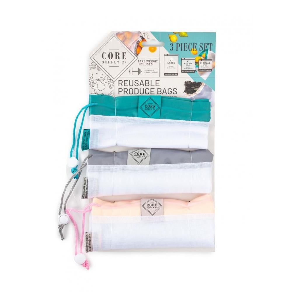 Core Color Border Reusable Mesh Produce Bags Small, Medium Large Pack of 3 Blush Teal - 1