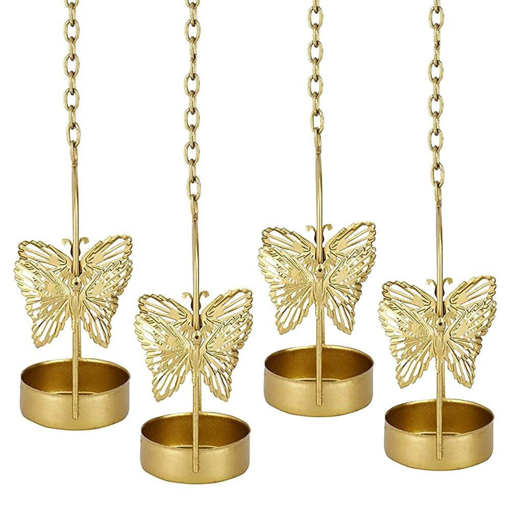 Kyzzo Butterfly Hanging Tealight Candle Holder for Home Decor, Indoor and Outdoor Decoration, Diwali Gifting Item (Pack of 4 pcs, Gold) - 1