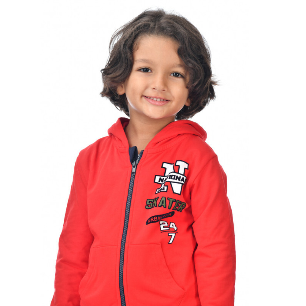 طقم مكون من قطعتين من هودي بسحاب كامل وبنطال رياضي للأولاد (3-4 سنوات) أحمر - كحلي - 2