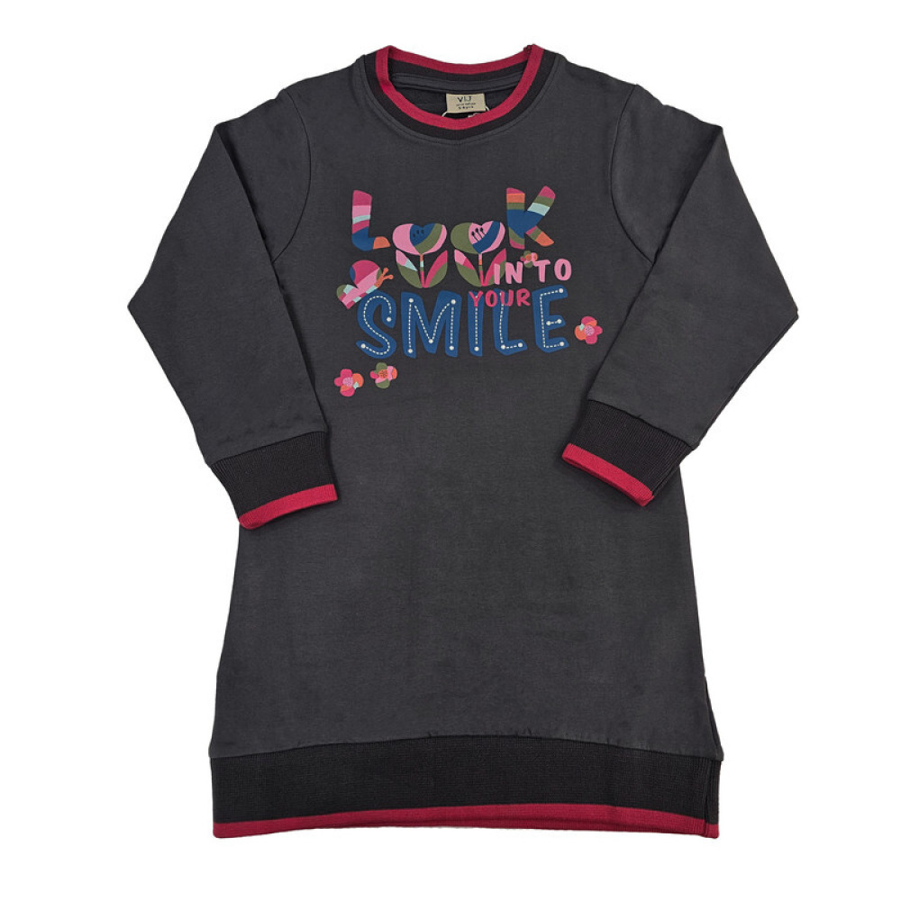 Girls' Smile Print Crew Neck Long Sleeve Floral Embroidered Sweatshirt Dress (2-3 YRS) - Dark Gray - 1