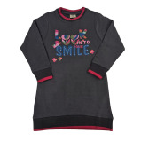 Girls' Smile Print Crew Neck Long Sleeve Floral Embroidered Sweatshirt Dress (3-4 YRS) - Dark Gray - 1 miniature