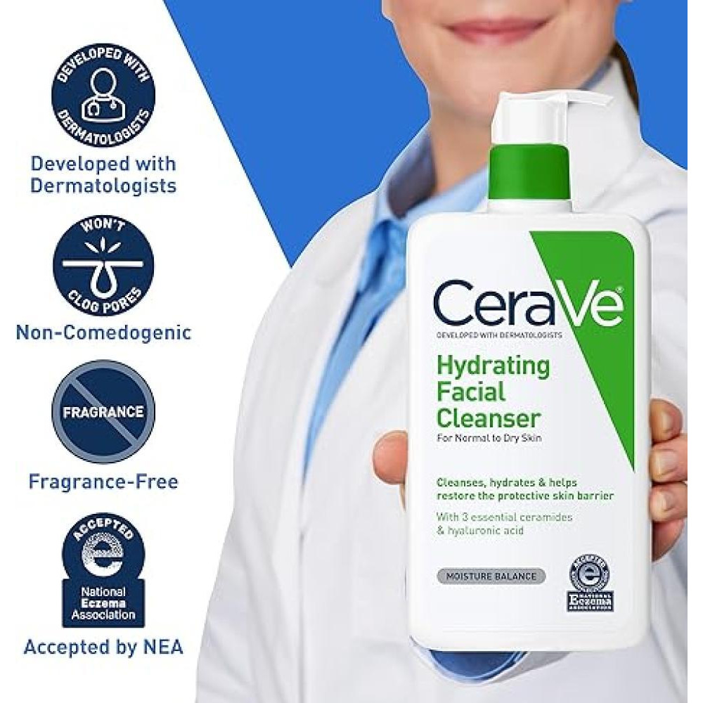 CeraVe Hydrating Facial Cleanser  Moisturizing Non-Foaming Face Wash with Hyaluronic Acid, Ceramides and Glycerin  Fragrance Free Paraben Free  19 Flu - 3