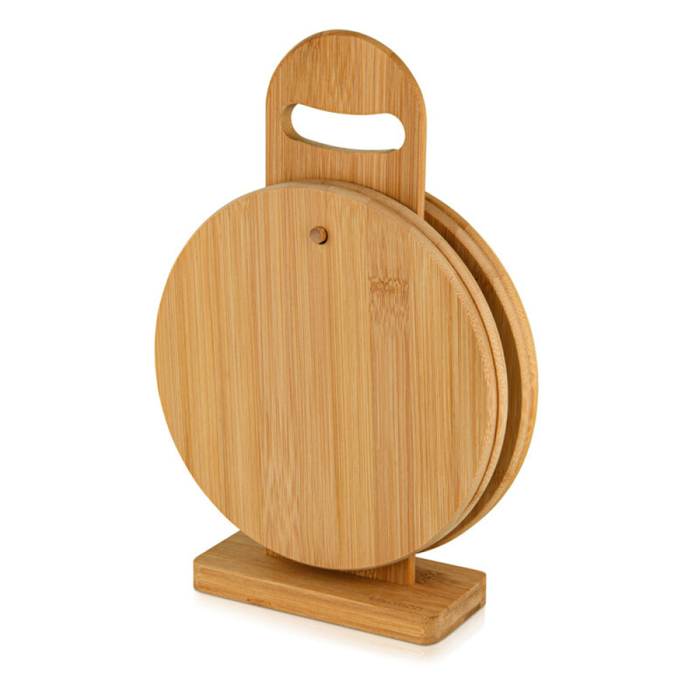 Fissman 4-Pack Bamboo Round Cutting Board Set with Stand Beige 20x20x1cm - 1