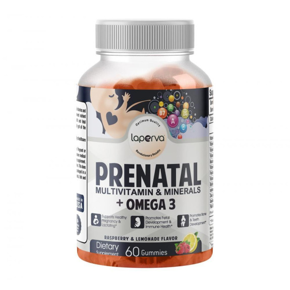 Laperva Prenatal Multivitamin \& Minerals + Omega 3, Raspberry Lemonade, 60 Gummies