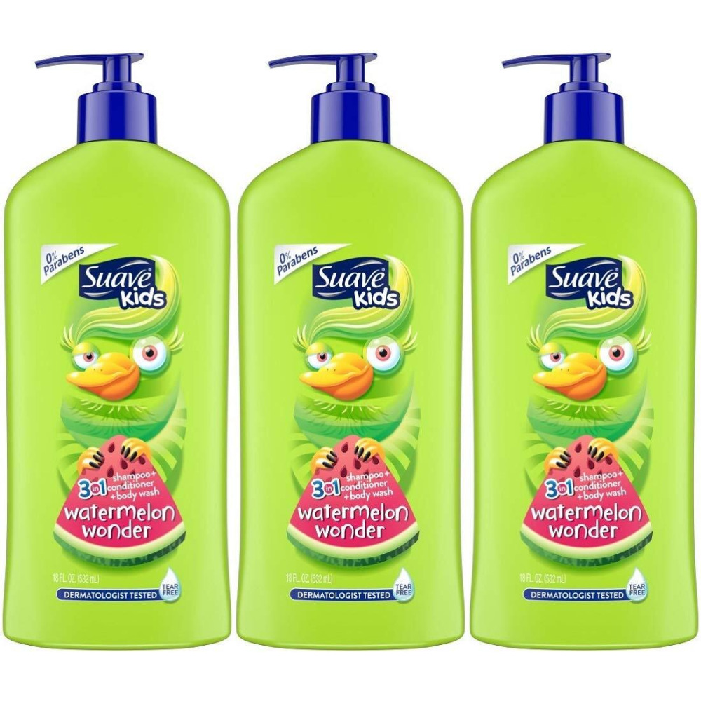 Suave Kids 3in1 Shampoo Conditioner Body Wash, Tear-Free, Wacky Melon, 532ml (18 oz), Pack of 3 - 1