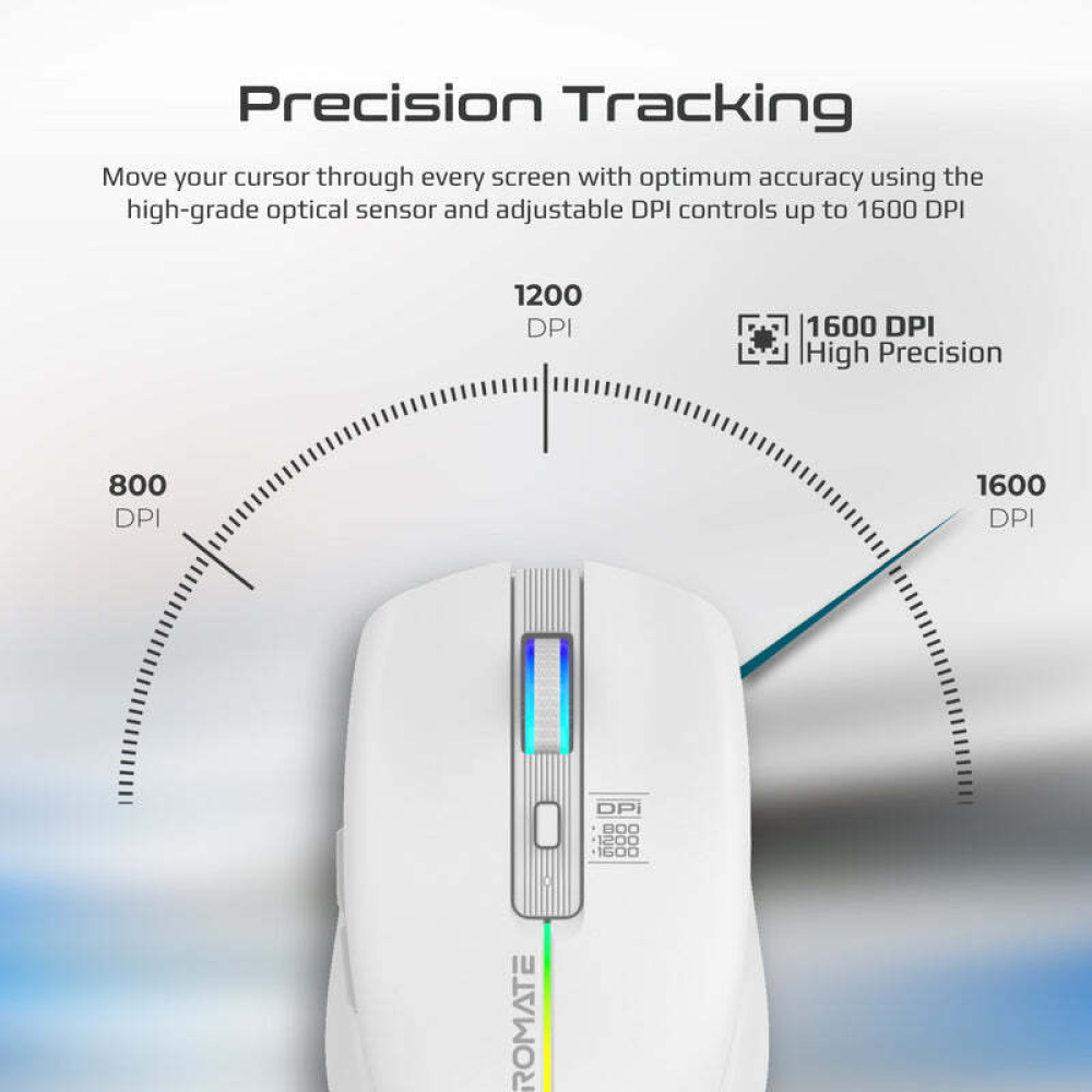 Promate Kitt 2.4GHz Wireless Ergonomic Optical Mouse with LED Rainbow Lights - 5