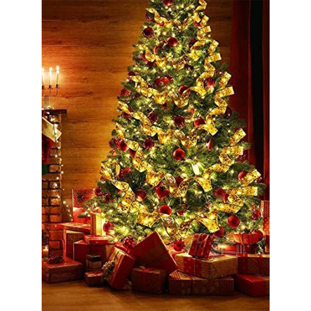 Gold Ribbon LED Lights with 100 LEDs Double Layer Copper Wire Bows Garland Fairy String Lights for Wedding and Home Decorations - 1