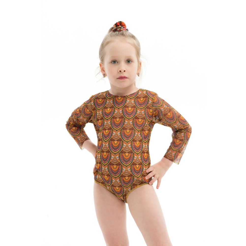 KID's Closed Back One-piece Swimsuit with Sleeves, Ethnic Brown, size 116 - 1