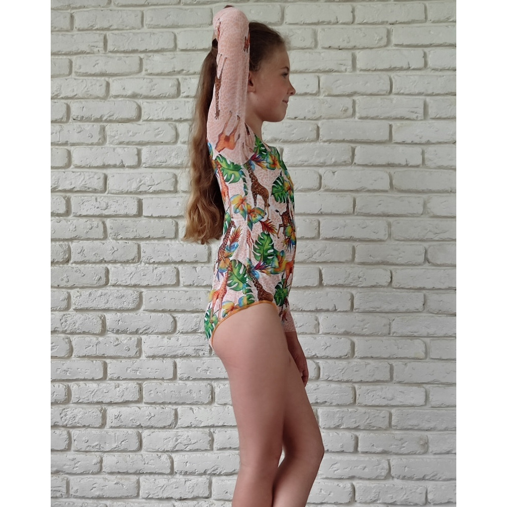 KID's Closed Back One-piece Swimsuit with Sleeves, Giraffes, size 134 - 4