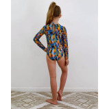 KID's Closed Back One-piece Swimsuit with Sleeves, Feathers, size 110 - 4 miniature