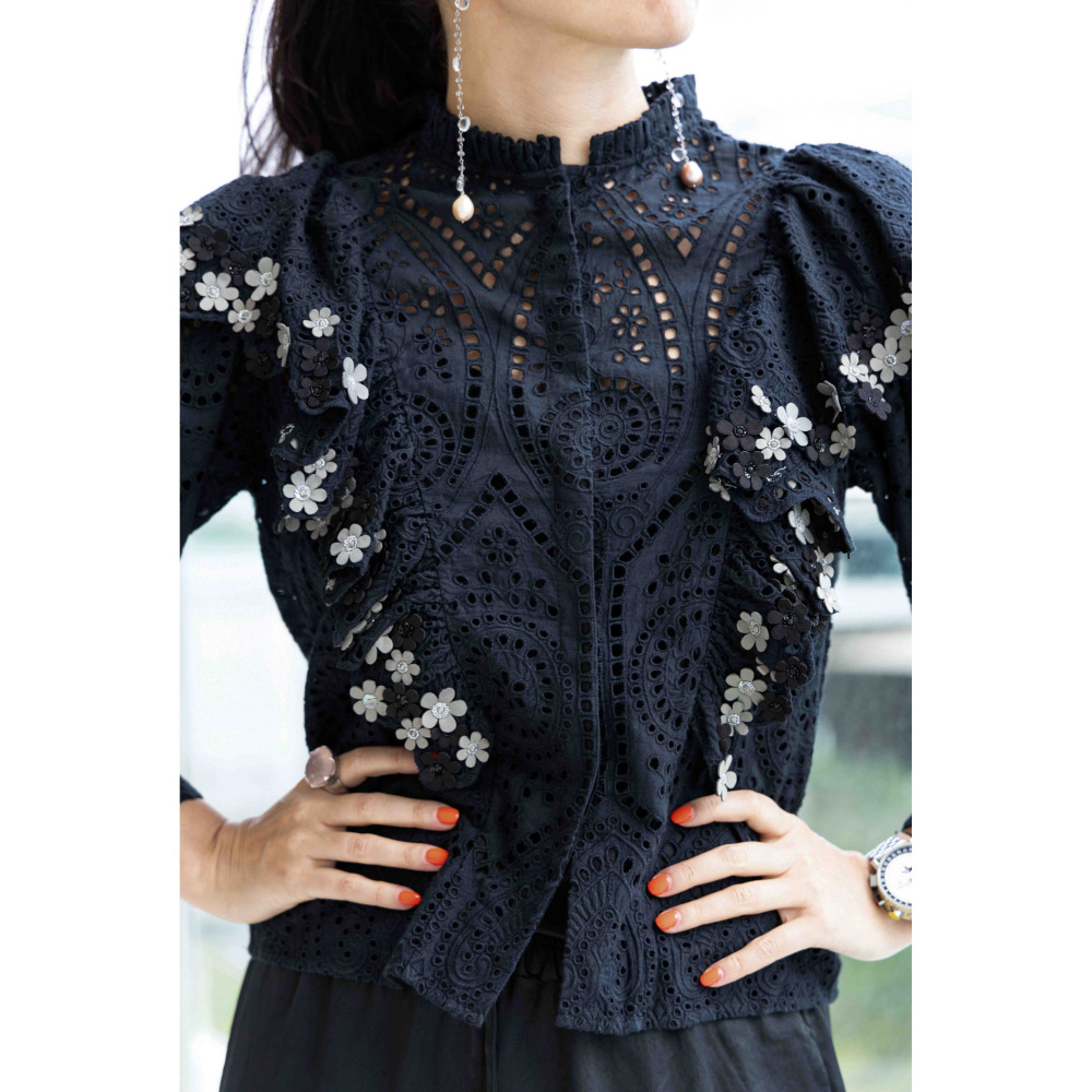الروح الآسيوية، سترة علوية من الدانتيل باللون الأسود، مقاس صغير (S) - 6