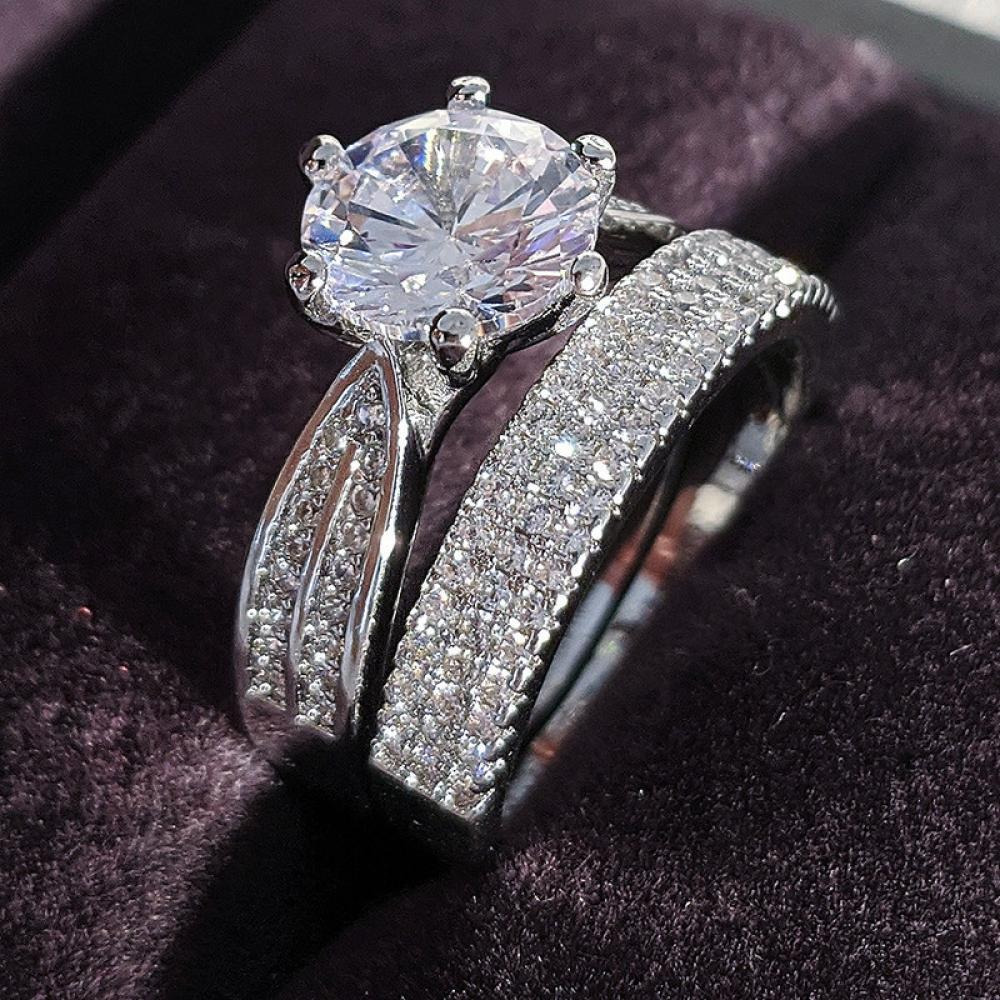  New Unique Double Ring Set Streling Silver 925 Round Ring  Cover with Zircon Stone Design Ring Size-5 - 2
