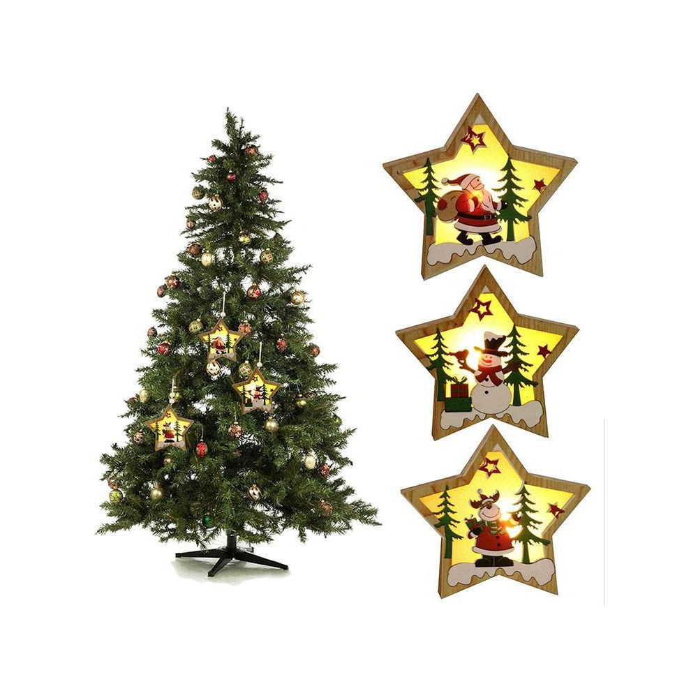 Set of 3 Wooden Star Christmas Tree Hanging Pendants with Lights Santa Claus, Deer, and Snowman Designs for New Years Party and Fireplace Decoration - 1