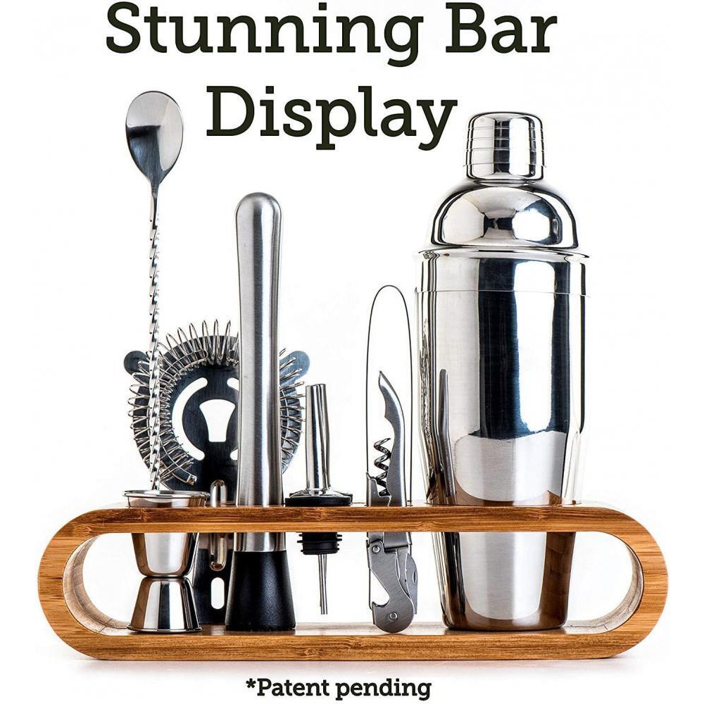 SOING / Bartender kit, 11-piece bar tool set with stylish bamboo stand, Silver - 3