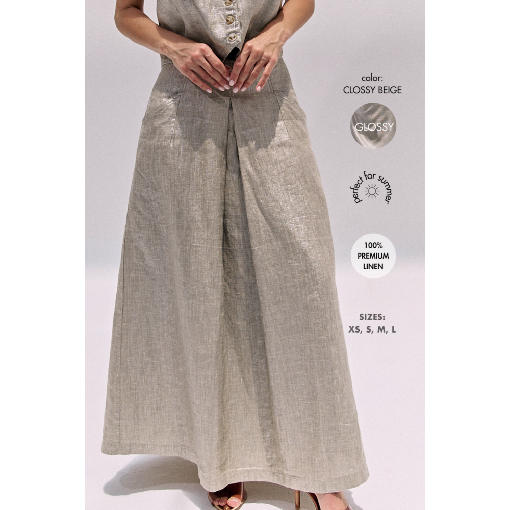 تنورة على شكل حرف A من الكتان، بيج لامع (XS) - 5
