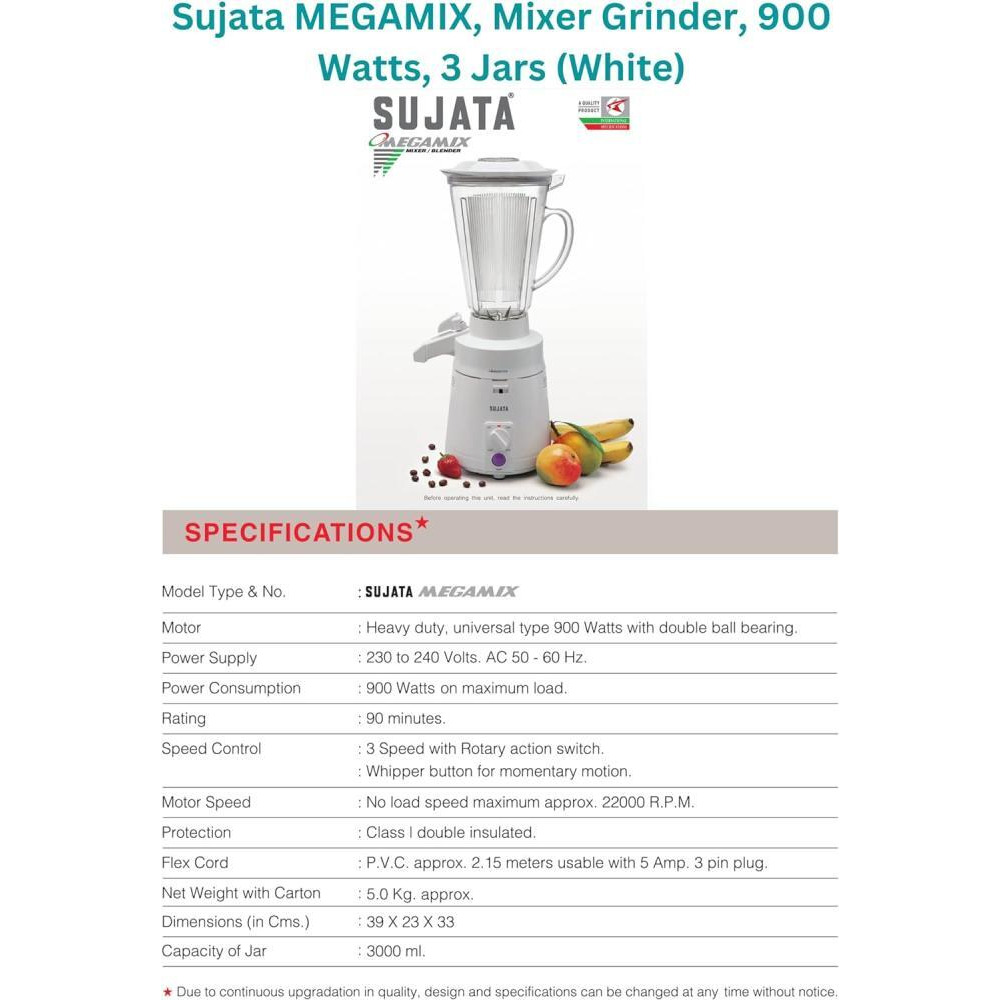 Sujata MegaMix MM 900-Watt Mixer Grinder (White) - 4