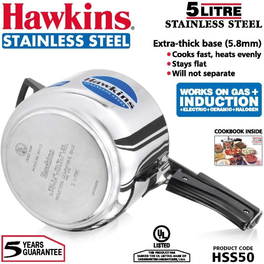 هوكينز طنجرة ضغط، طنجرة ضغط داخلية من الفولاذ المقاوم للصدأ، فضي (Hss50)، 5 لتر - 2