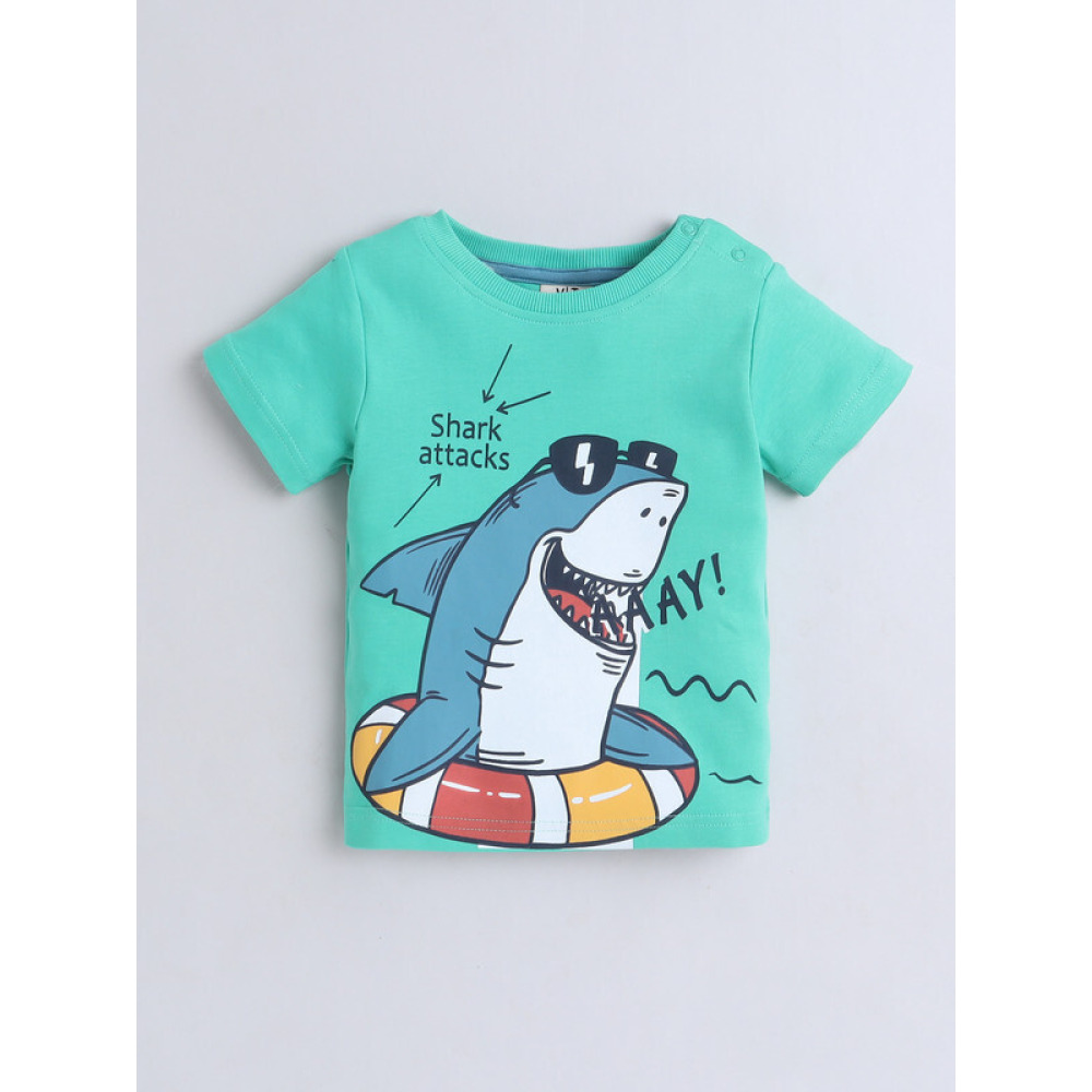 Victor and Jane Infant 2PC Set, Green T-Shirt with Cute Shark And Blue Shorts 3-6M - 2