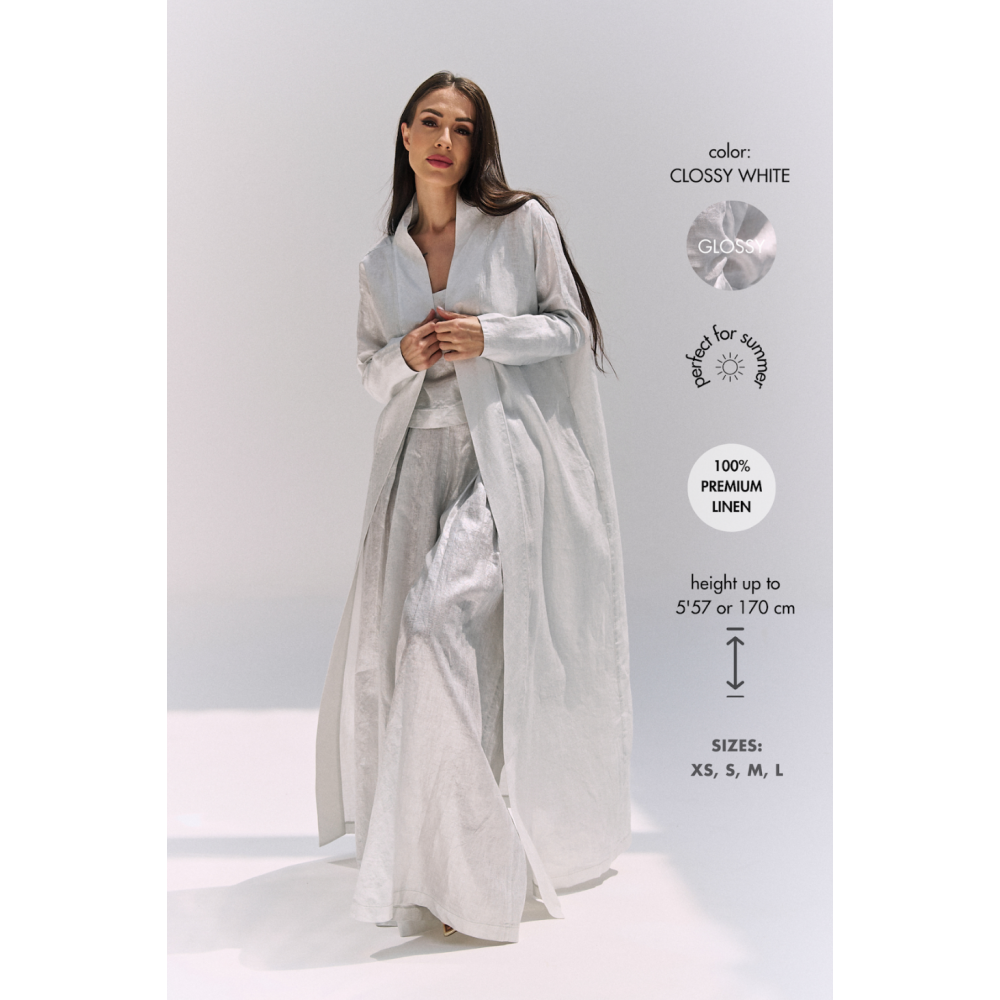 Linen Abaya Summer Cardigan, Glossy White (M) - 5