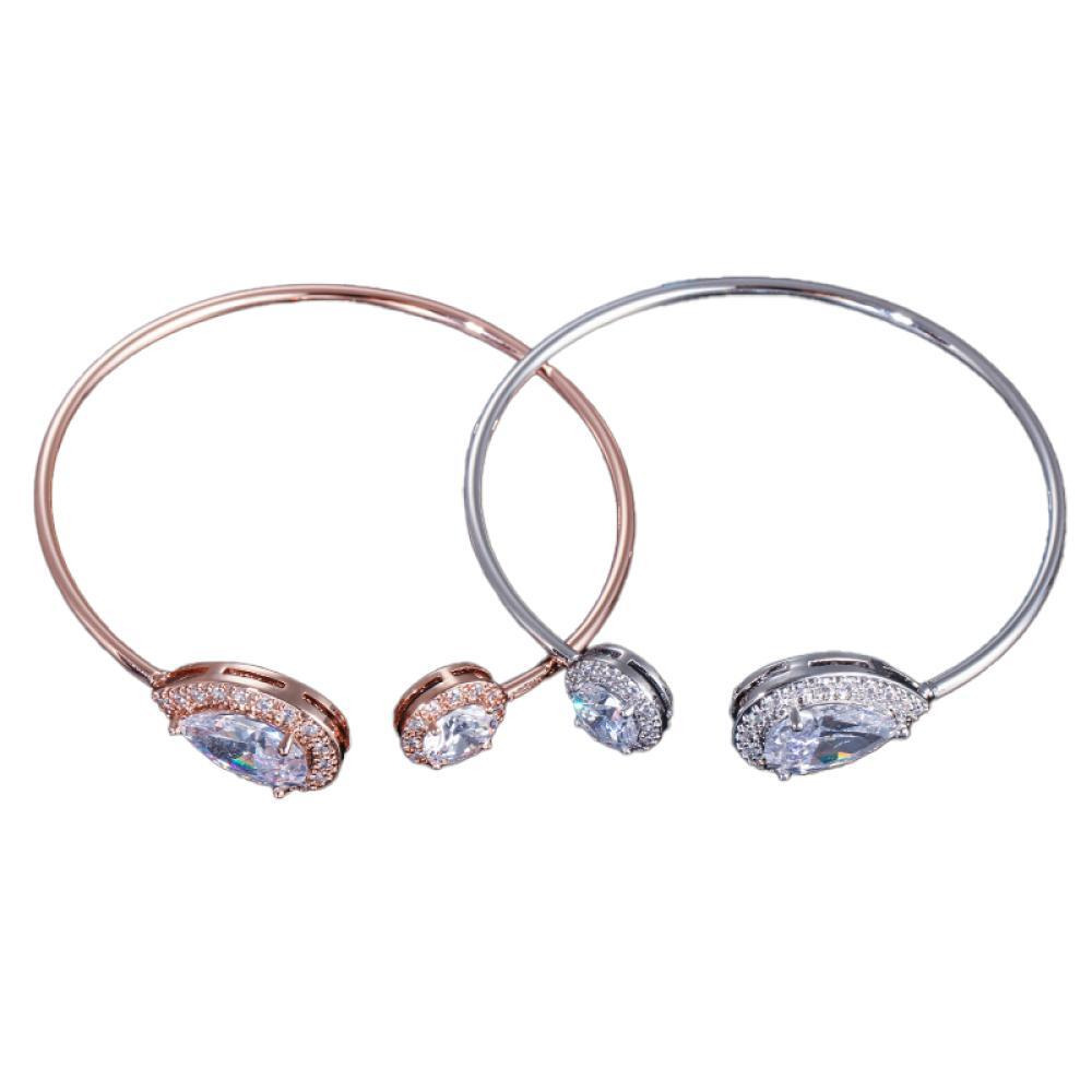 أساور مفتوحة من الذهب الوردي والفضة على شكل كمثرى مستديرة من الزركونيا المكعبة والكريستال الرقيقة - 4