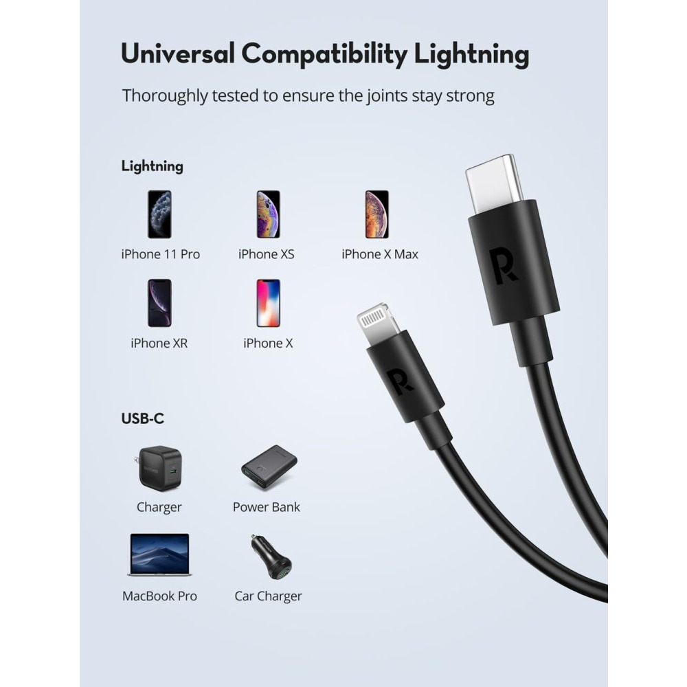 RAVPOWER Type-C to Lighting Charger Cable, 2M (6.6ft) Charging Cable - 2