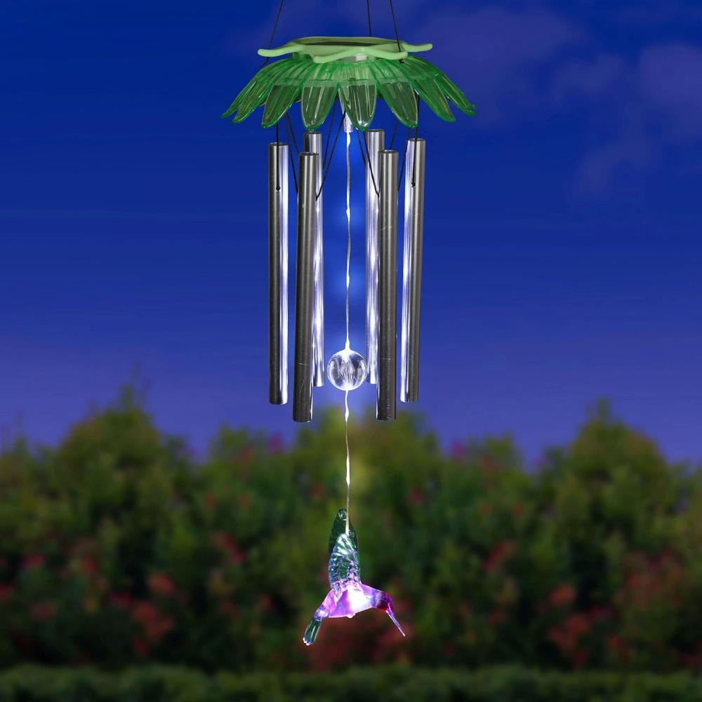 Exhart Solar Flower Wind Chime with 8 White LEDs Green Hummingbird - 6