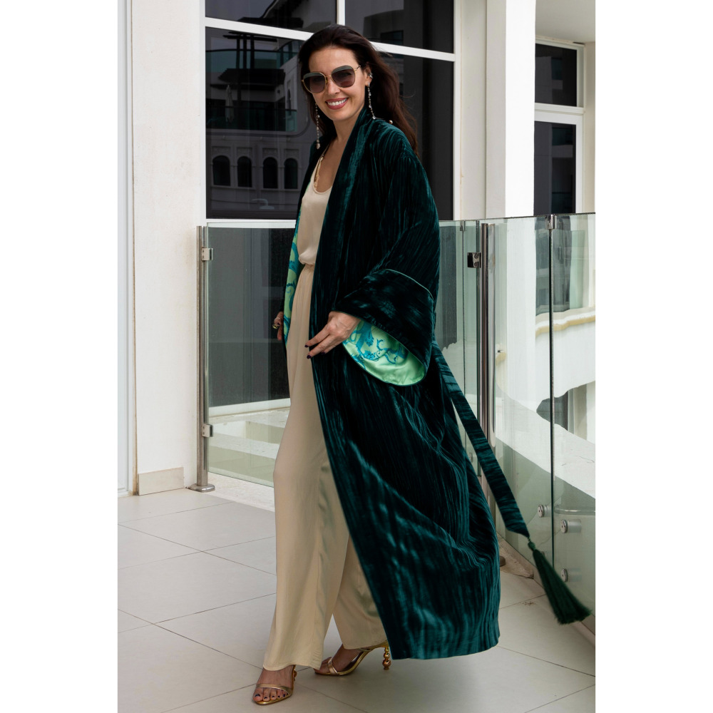 Asian Spirit, Deep Turquoise Velvet Abaya Jacket, Free size (XS-XL) - 3