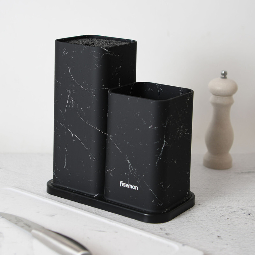 Fissman Kitchen Knife And Utensil Organizer 11x11x23+11x11x17 cm, Black Marble (Plastic) - 2