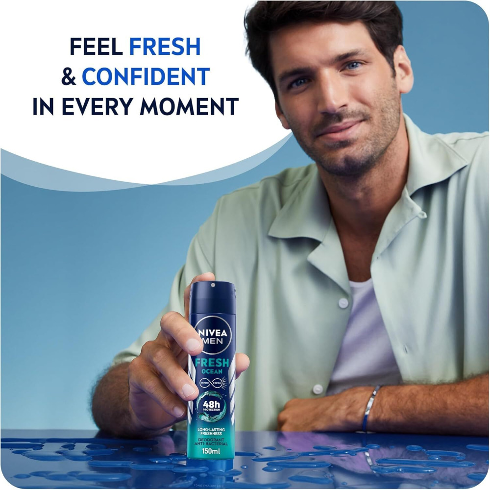NIVEA MEN Antibacterial Deodorant Spray for Men, Fresh Ocean, 48H Active Protection,Long-Lasting Freshness, 2x150ml, Dual Pack - 2