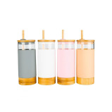 Little Storage 650ML Bamboo Glass Silicone Drinking Cup With Straw Pink - 3 miniature