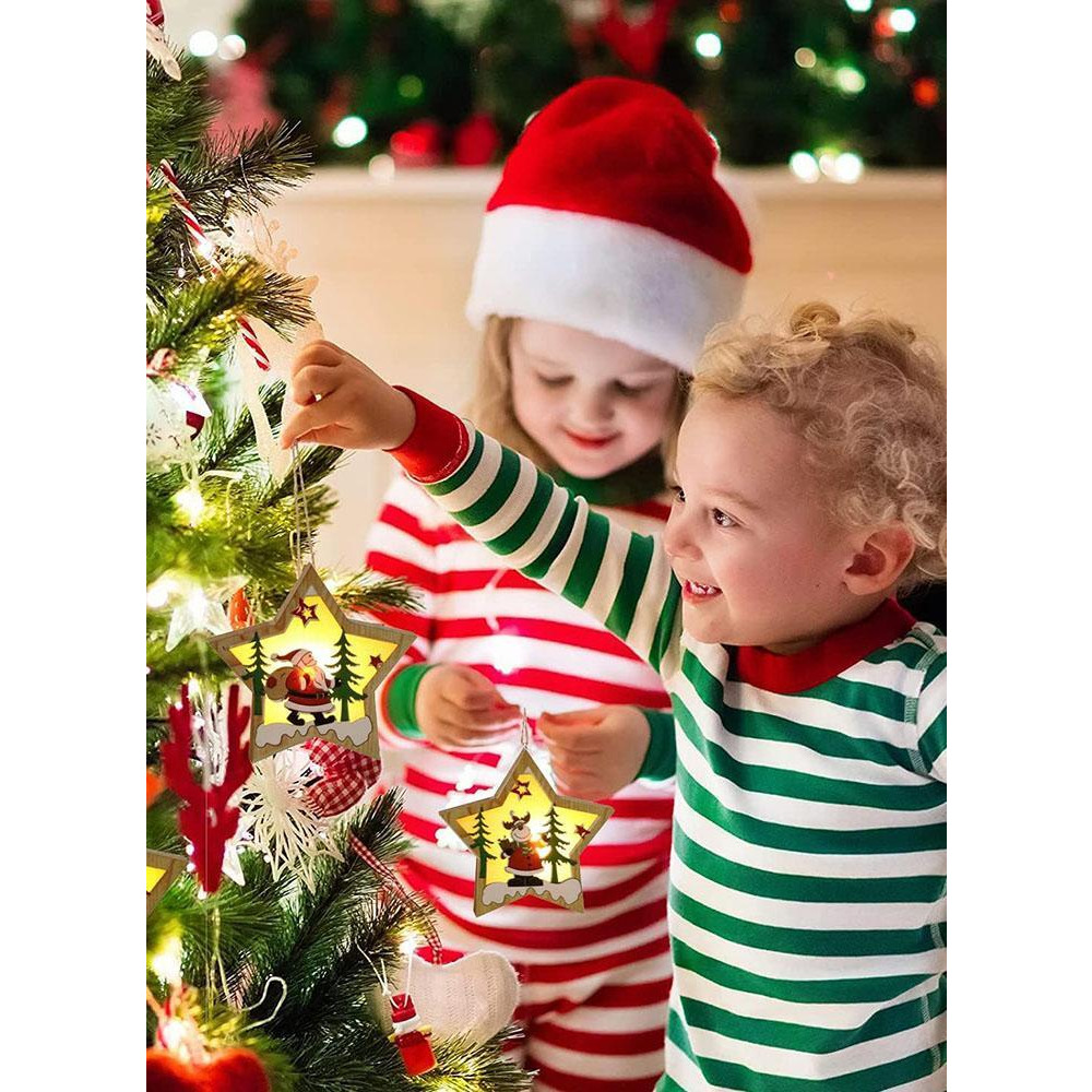 Set of 3 Wooden Star Christmas Tree Hanging Pendants with Lights Santa Claus, Deer, and Snowman Designs for New Years Party and Fireplace Decoration - 7