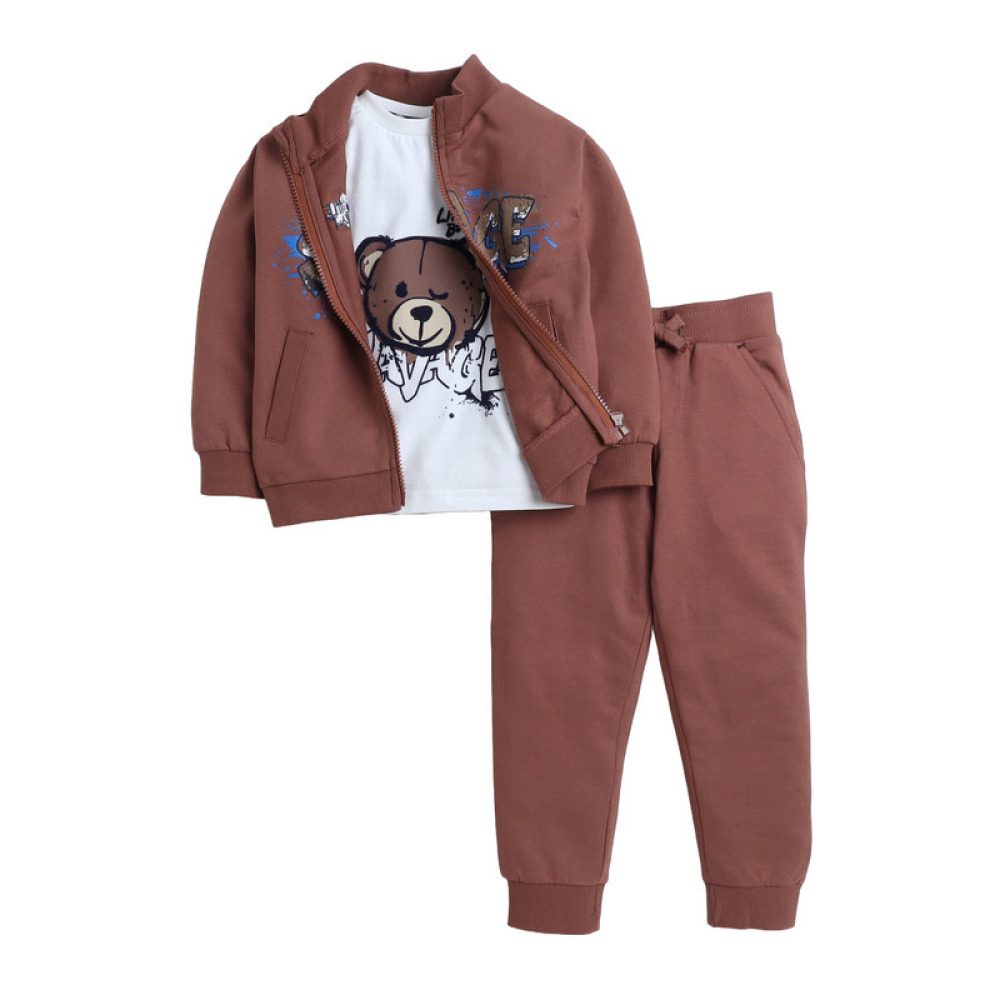 Boys' 3-Piece Set Tracksuits - Off-white Long tee, Brown Fullzipper Crew Jacket and Jogger , (12-18 M) - 1