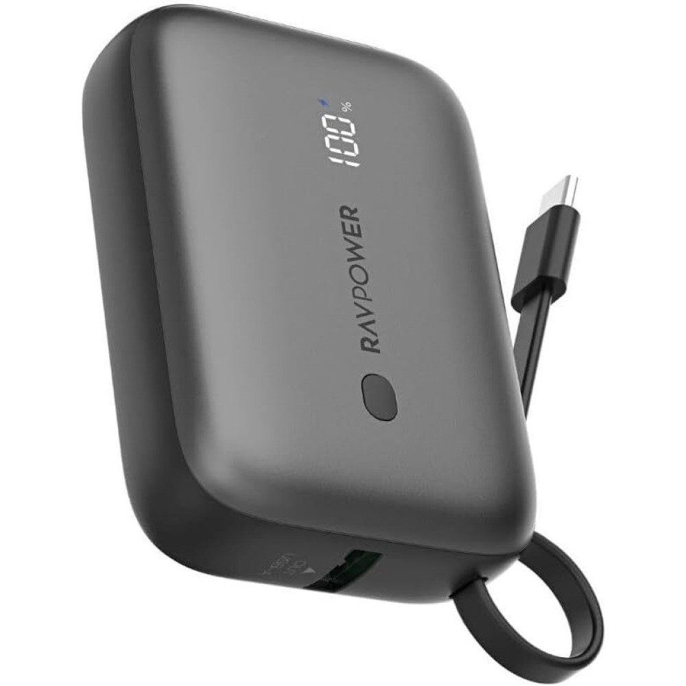 RAVPower 20W PD 10000mAh 3-Port Power Bank with Built-In USB-C Cable, Black - 1