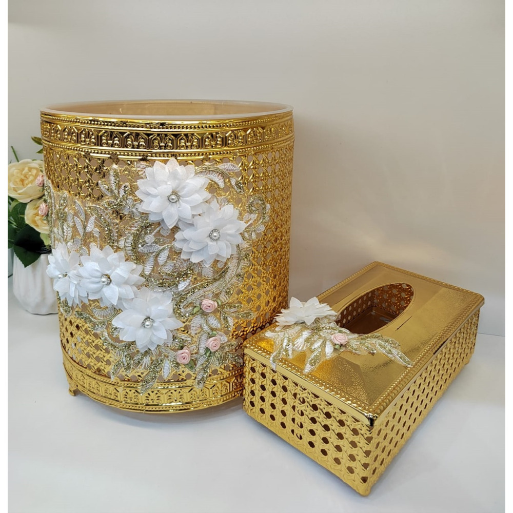 طقم سلة مهملات مكتبية فاخرة وموزع مناديل (2 قطعة) - 1