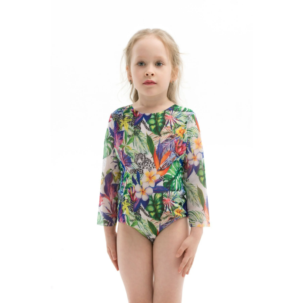 KID's Closed Back One-piece Swimsuit with Sleeves, Tropical Vibes, size 110 - 1