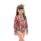 KID's Closed Back One-piece Swimsuit with Sleeves, Pomegranate Red, size 104 - 1 miniature