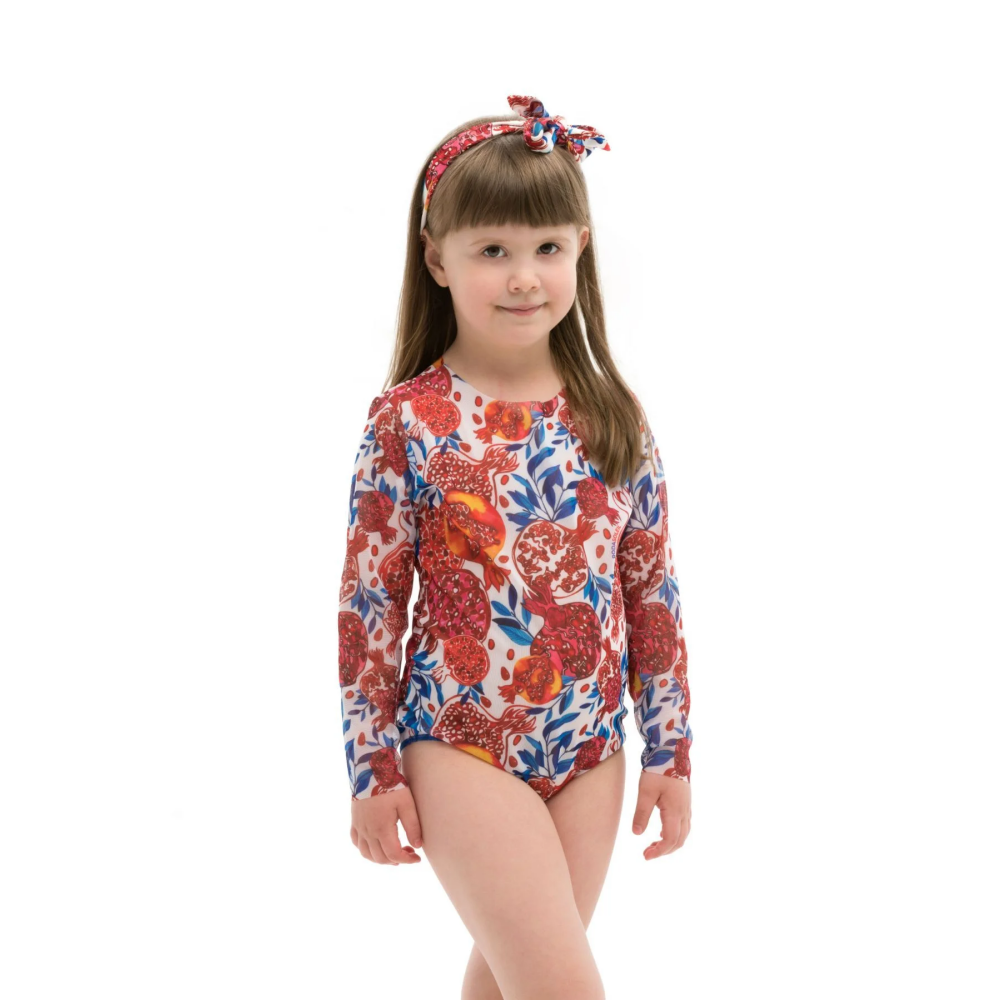 KID's Closed Back One-piece Swimsuit with Sleeves, Pomegranate Red, size 110 - 1