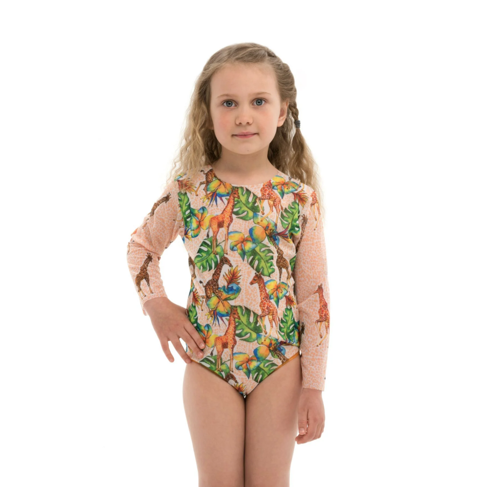 KID's Closed Back One-piece Swimsuit with Sleeves, Giraffes, size 110 - 1