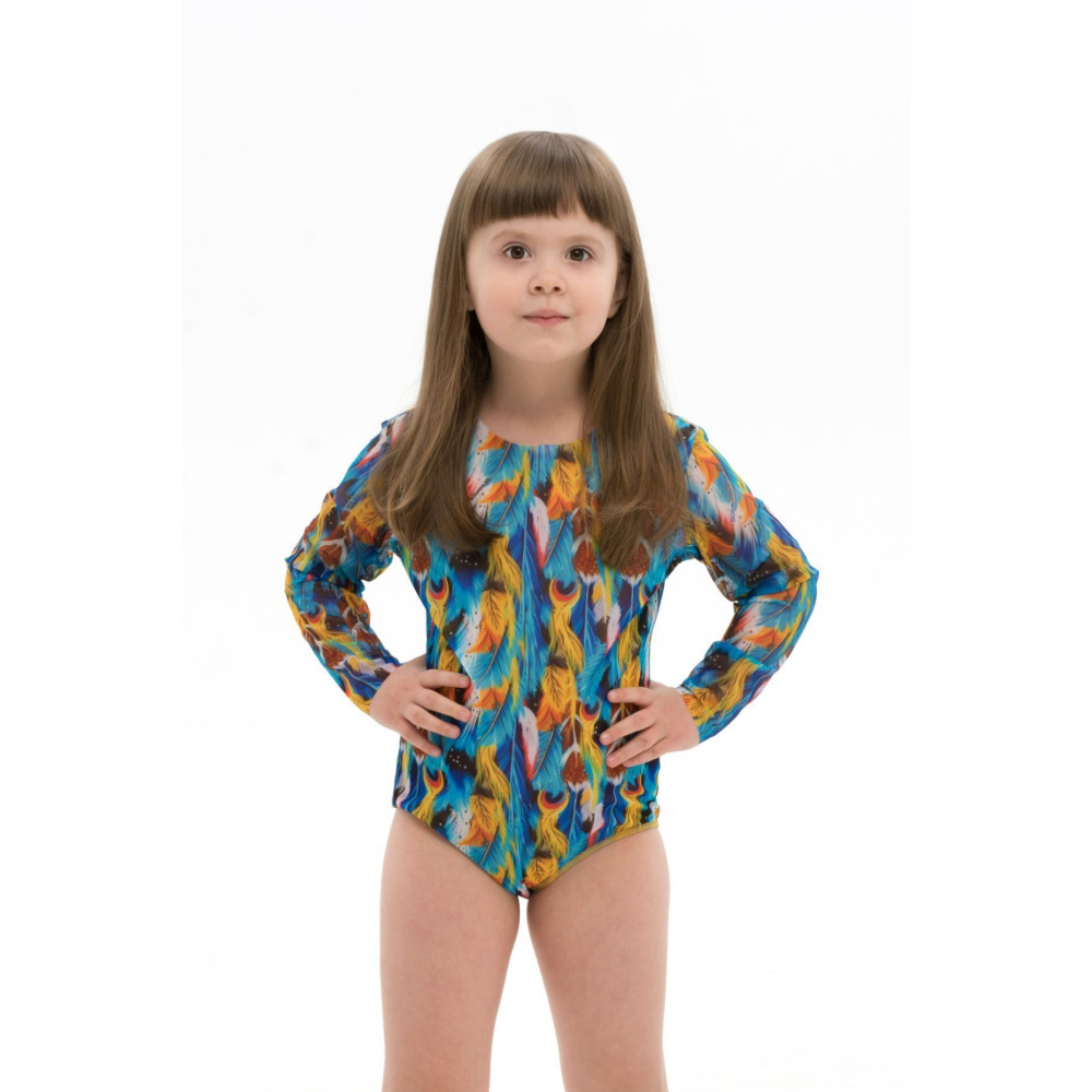 KID's Closed Back One-piece Swimsuit with Sleeves, Feathers, size 110 - 1