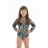 KID's Closed Back One-piece Swimsuit with Sleeves, Feathers, size 110 - 1 miniature
