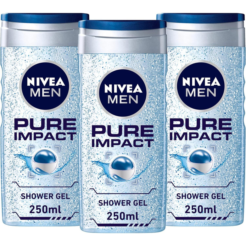 Nivea Men 3 in 1 Shower Gel, Pure Impact Fresh Scent, 250 ml x 3 pcs - 1