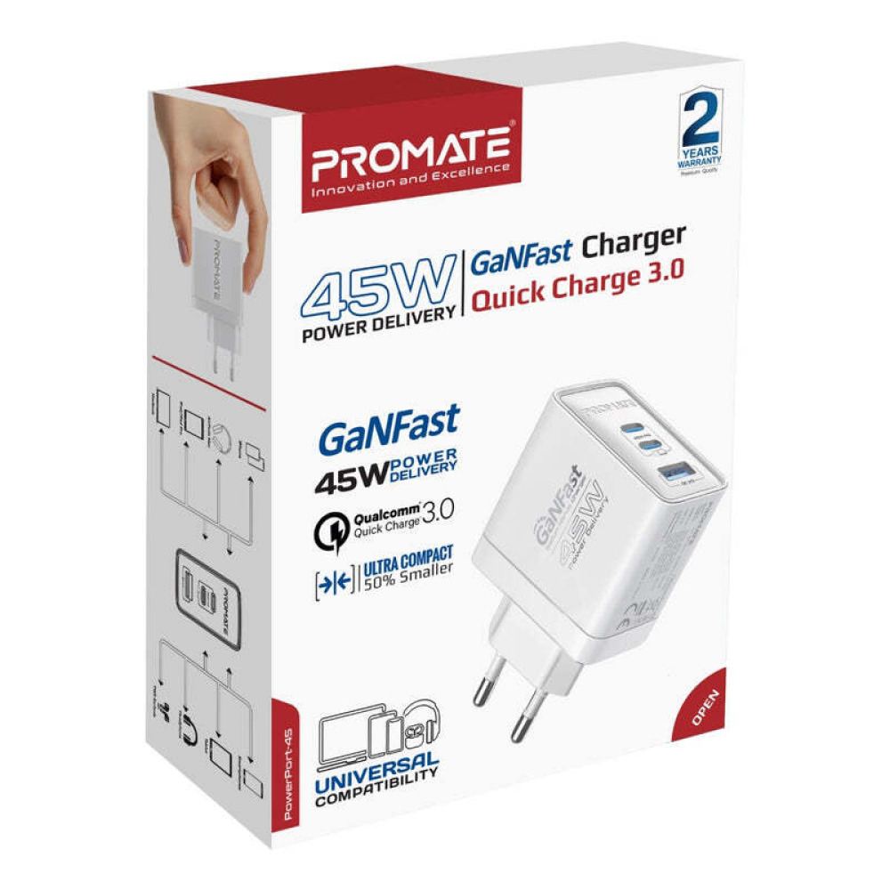 Promate 45W Power Delivery GaNFast™ Charger with Quick Charge 3.0 - 7