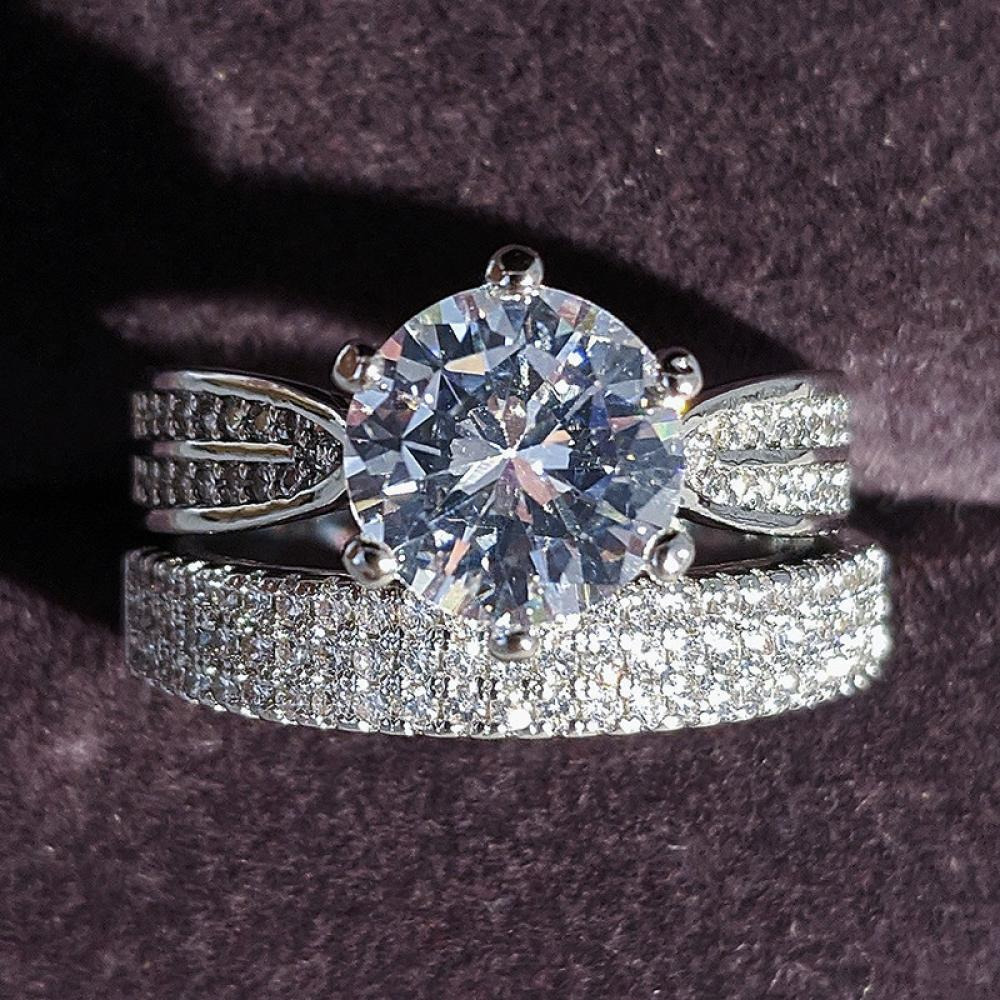  New Unique Double Ring Set Streling Silver 925 Round Ring  Cover with Zircon Stone Design Ring Size-5 - 3