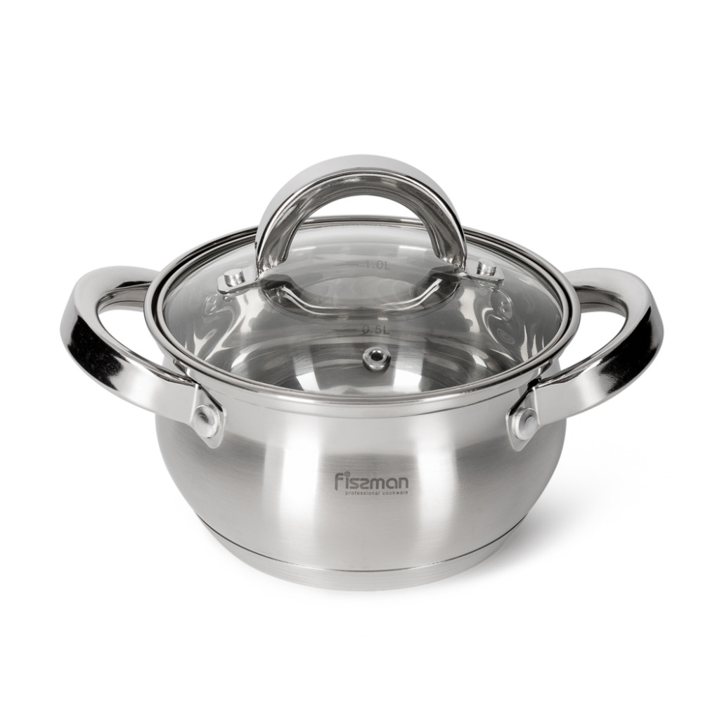 FISSMAN Stockpot with Glass Lid 1300mL with Measuring Mark, Stainless Steel 18/10 Inox30 Stockpot Felina Series - 1