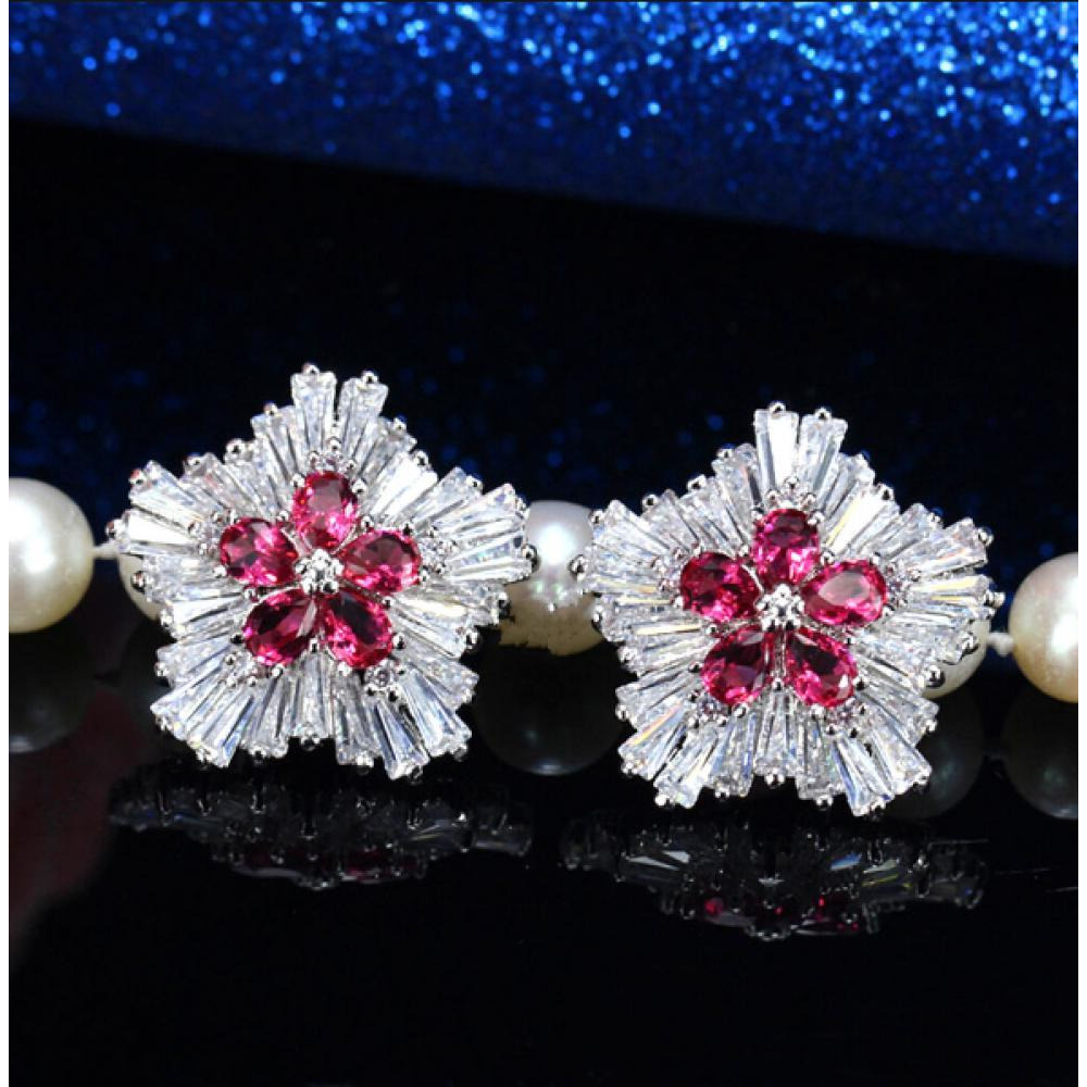 Red CZ Snowflake Crystal Flower Stud Earring - 3